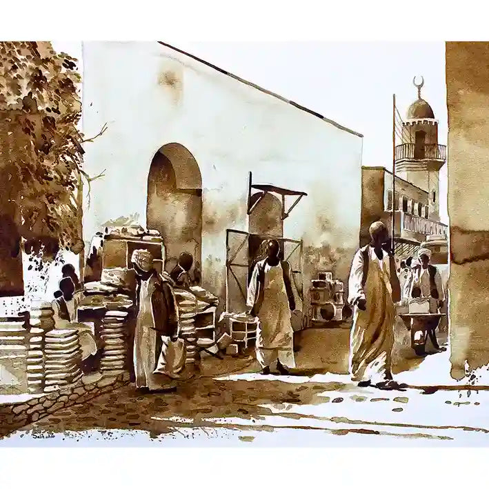 Coffee Chronicles Among the Arches art print by Salih Abdo - Sudanese marketplace with minaret painted with coffee medium
