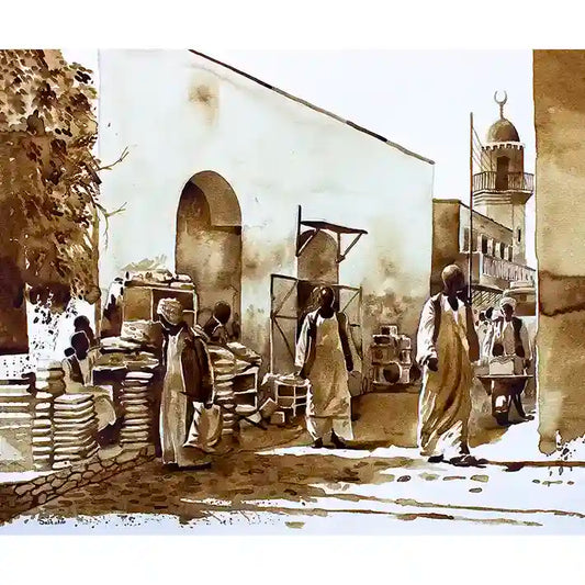 Coffee Chronicles Among the Arches art print by Salih Abdo - Sudanese marketplace with minaret painted with coffee medium