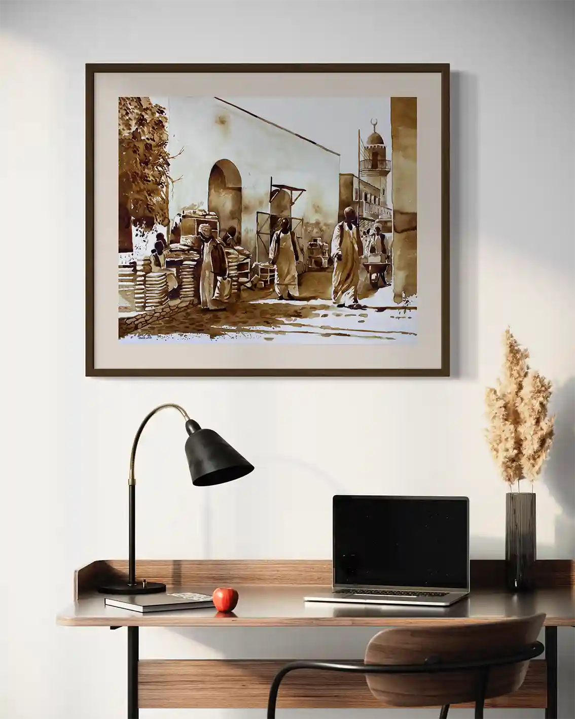Coffee Chronicles Among the Arches framed art print mockup by Salih Abdo - marketplace scene displayed in modern office