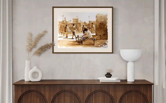 Coffee Chronicles Merchants Rest art print by Salih Abdo in wooden frame mockup on console with white ceramic decor