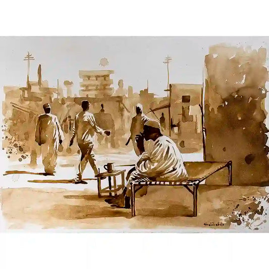 Coffee Chronicles Merchants Rest art print by Salih Abdo - Sudanese street scene painted with coffee in sepia tones