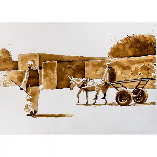 Coffee Chronicles Morning Delivery art print by Salih Abdo - Sudanese donkey cart scene painted with coffee in sepia