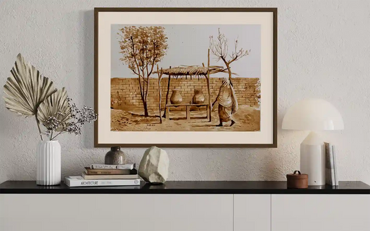 Coffee Chronicles in the Shade art print by Salih Abdo showing traditional Sudanese courtyard scene with clay water pots