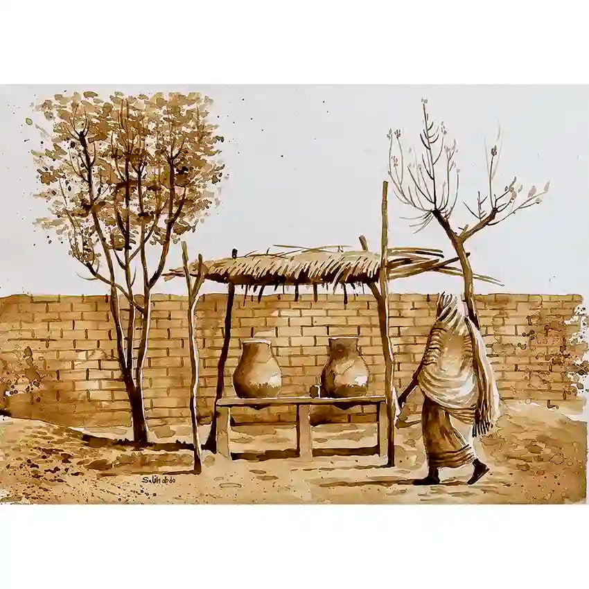 Coffee Chronicles In the Shade art print by Salih Abdo - Sudanese woman with water jars painted with coffee medium wall art