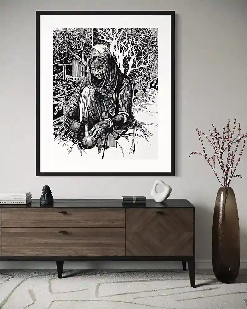 Coffee Maker by Obada Gabir framed print above console with vase showing Sudanese woman making traditional coffee ceremony
