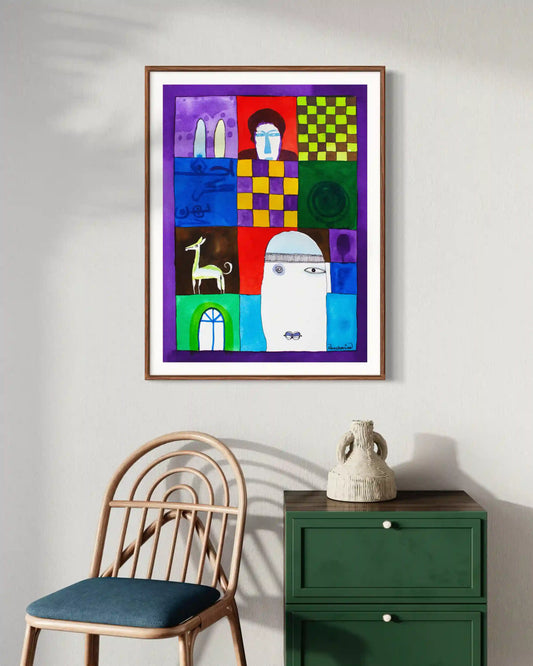 Collected Memories framed art print by Abushariaa Ahmed displayed above green cabinet with rattan chair in styled interior