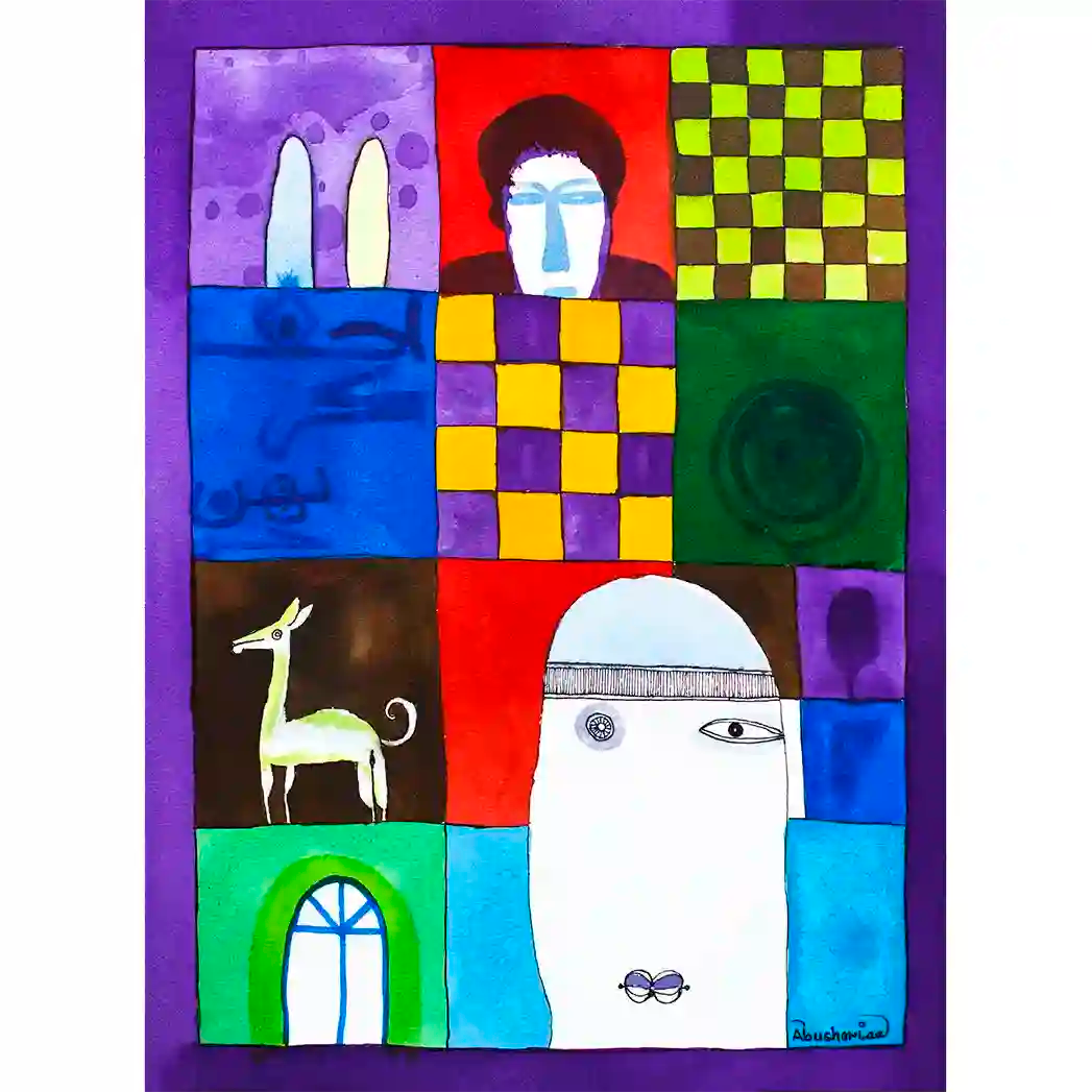 Collected Memories colorful grid art print by Abushariaa Ahmed featuring diverse panels with portraits, patterns, and imagery