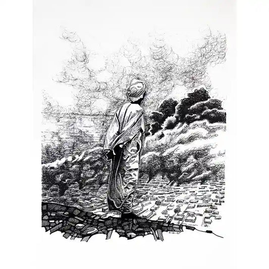 
Contemplation ink drawing by Obada Gabir showing Sudanese man in traditional dress overlooking village, original artwork on paper