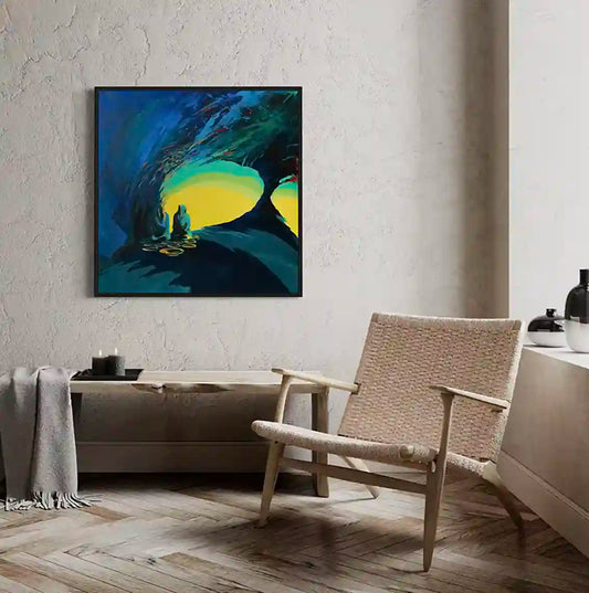 'Conversation in Blue' art print by Bakri Moaz displayed in modern living room with woven chair and neutral decor