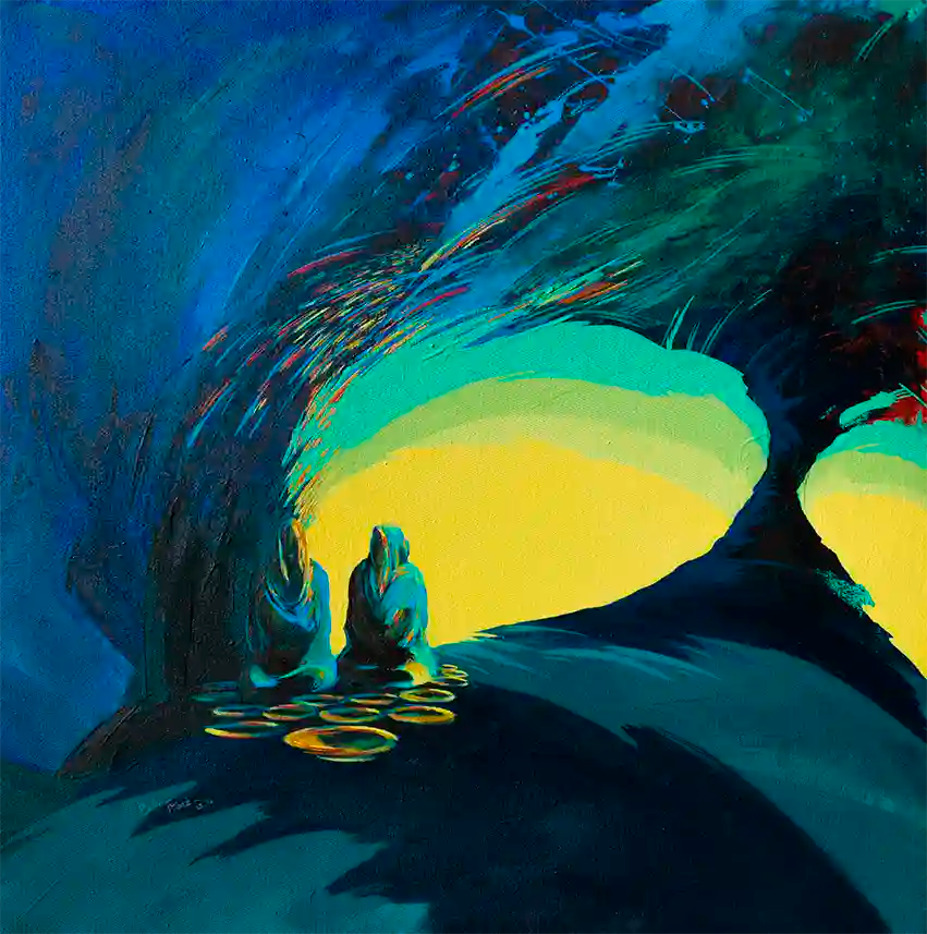 'Conversation in Blue' art print by Bakri Moaz featuring two women with baskets in flowing blue and yellow brushstrokes