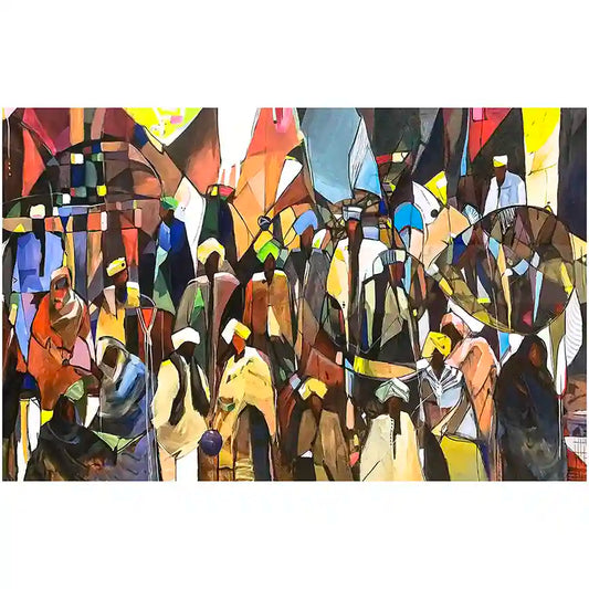 Conversations in Color cubist art print by Sudanese artist Omer Kamal featuring geometric figures in traditional dress