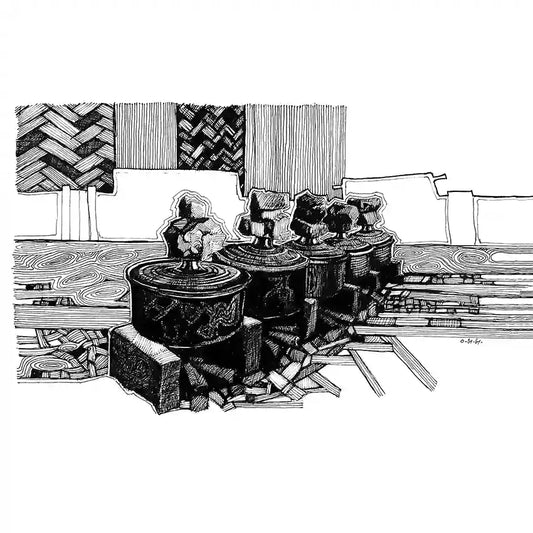 Cooking Pots black and white art print by Obada Gabir - detailed pen and ink illustration featuring traditional cookware and kitchen scene