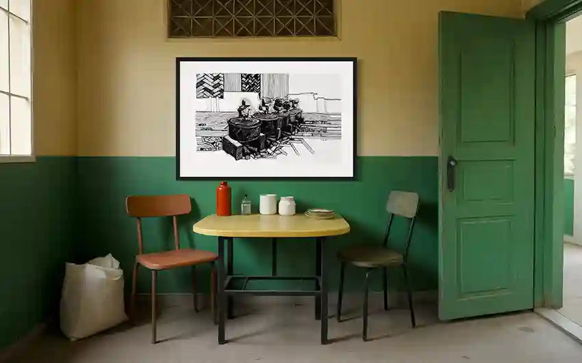 Cooking Pots black and white art print by Obada Gabir in vintage green kitchen dining nook with retro furniture - culinary wall art