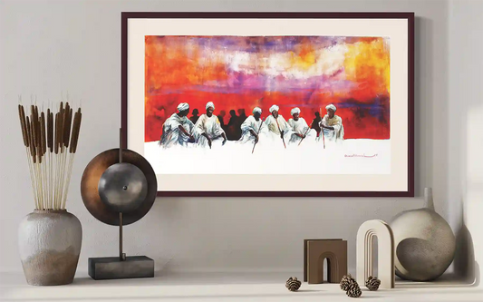 Council of Elders art print by Omer Kamal displayed in modern living room with neutral decor and contemporary furniture
