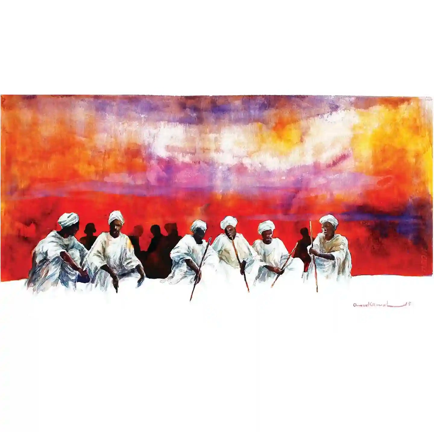 Council of Elders watercolor art print by Sudanese artist Omer Kamal featuring traditional robed figures against sunset sky