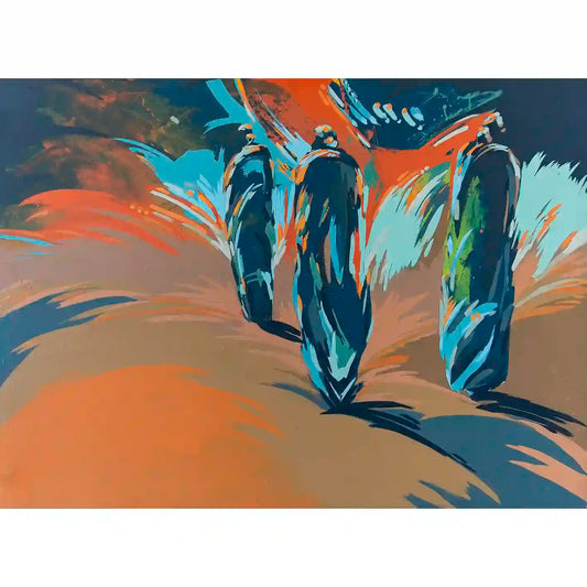 Crossroads art print by Bakri Moaz - three Sudanese men in traditional dress desert landscape painting - buy online