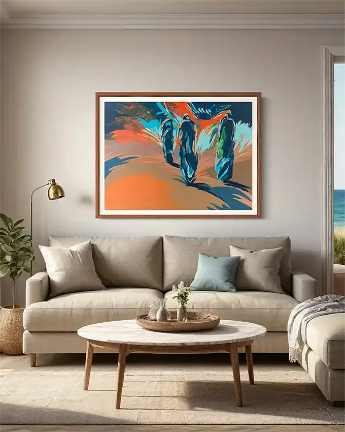 Crossroads framed art print by Bakri Moaz above beige sofa in modern living room with coffee table - wall art for sale