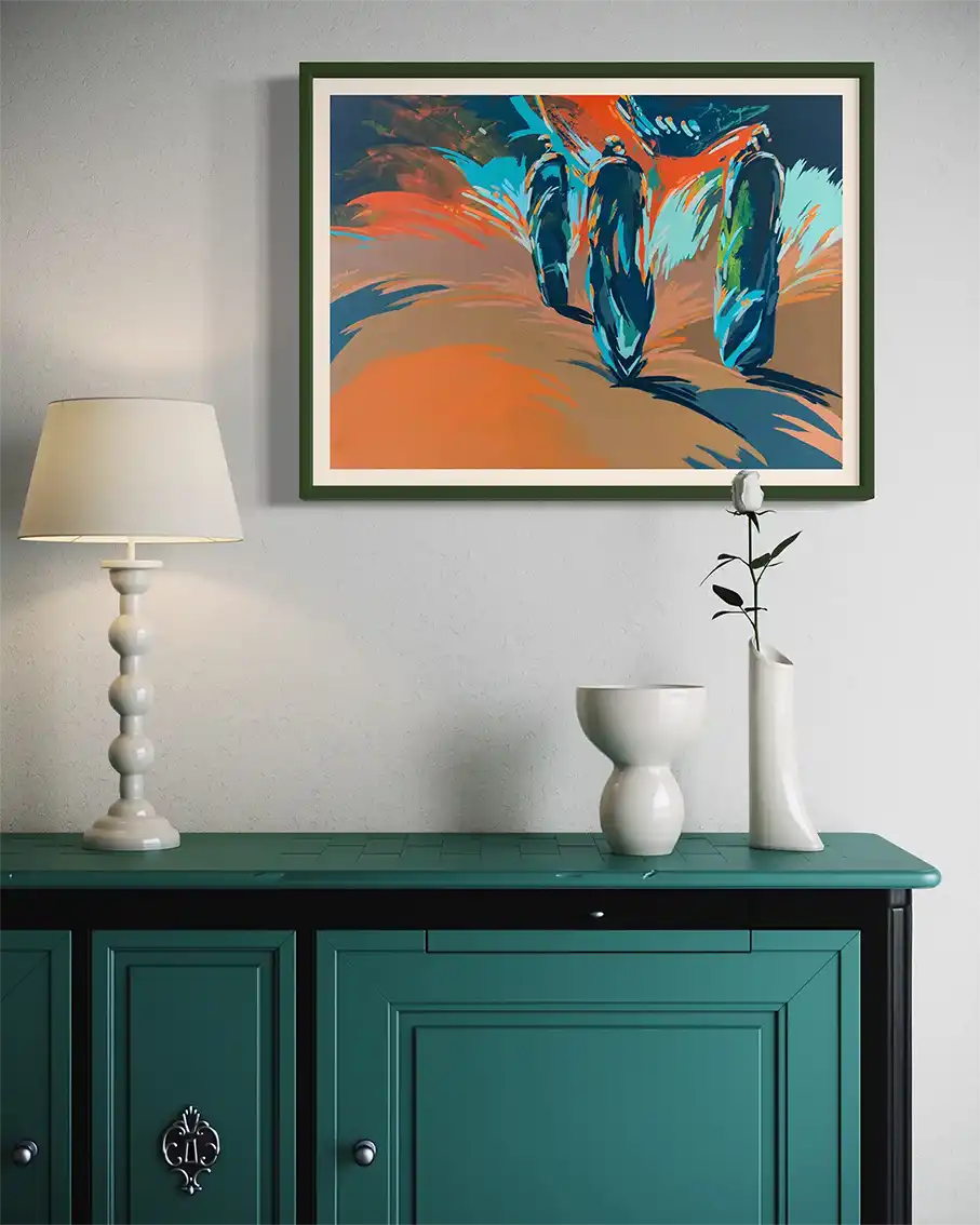 Crossroads framed art print by Bakri Moaz displayed above green sideboard with lamp and vase - modern home decor art