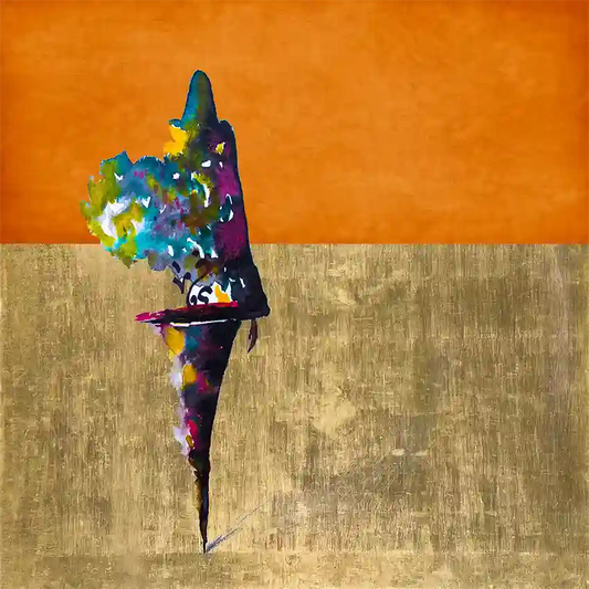 Cultural Grace digital collage art print showing Sudanese woman in traditional dress with colorful burst on orange backdrop