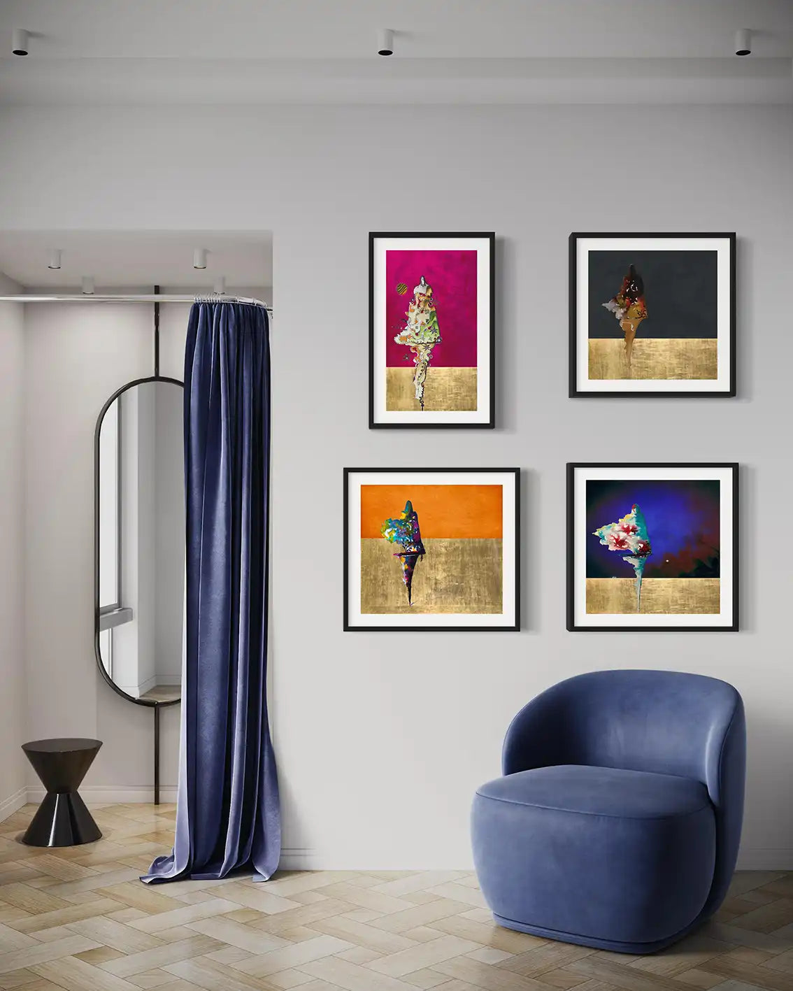 Cultural Grace art print in gallery wall with three other artworks in modern living room with blue chair and curtains