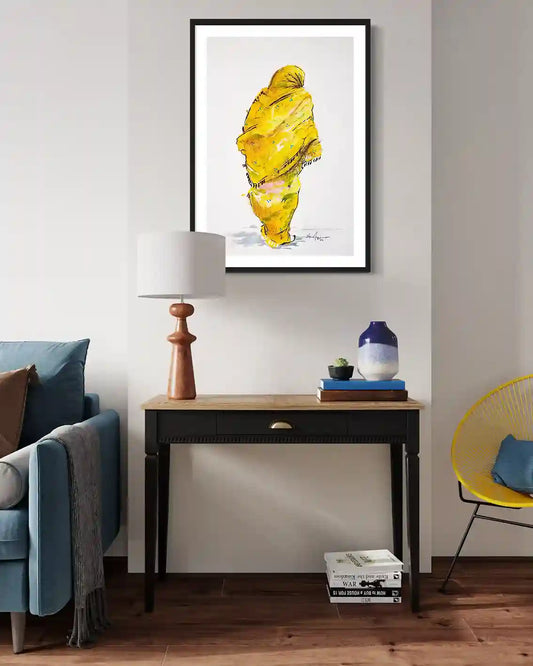 Daughters of the Nile 2 art print by Yasir Algrai in black frame above console table, modern home decor mockup