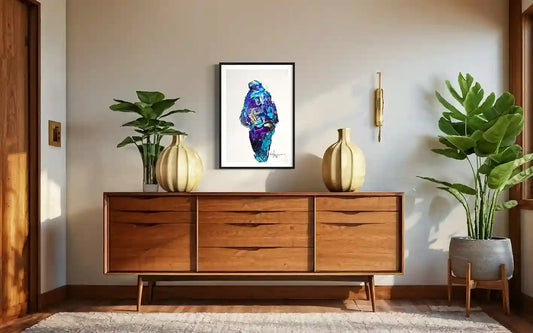 Daughters Nile 3 art print framed mockup mid-century modern sideboard living room wall art decor by Yasir Algrai 