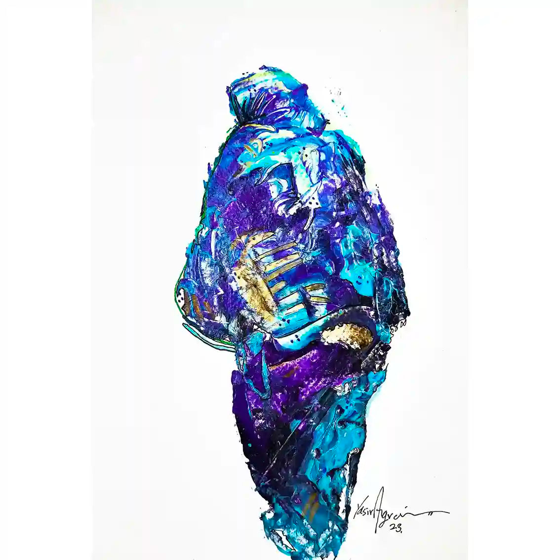 Daughters of Nile 3 art print by Yasir Algrai featuring Sudanese woman in traditional dress with blue purple brushwork