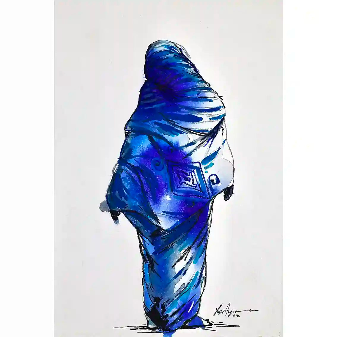 Daughters of the Nile 7 art print by Yasir Algrai featuring Sudanese woman in traditional blue dress watercolor painting
