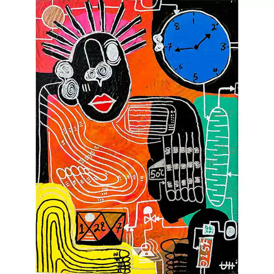 Disrupted Time 2 by Usra Hamza - vibrant mixed media art on canvas with abstract figures, bold colors, and clock motif
