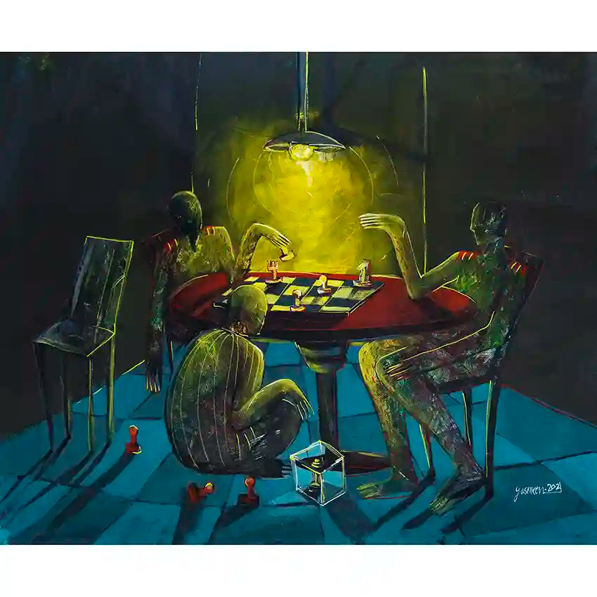 Contemporary art print by Yasmeen Abdullah titled "I Don't Know Who Sold The Country" showing figures around table with lamp
