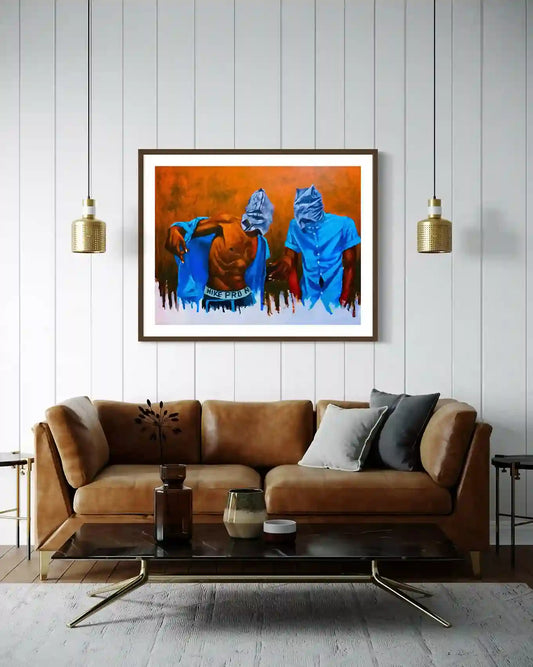 Don't Think Twice painting by Mujahid Alhadi displayed in modern living room with brown leather sofa and brass pendant lights