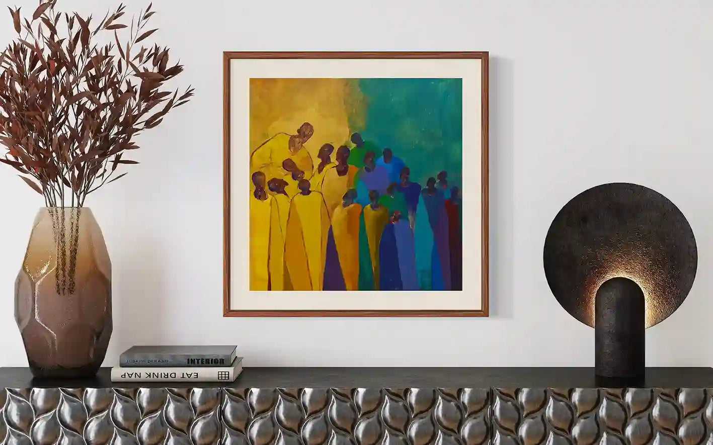 Echoes of the Unseen original painting by Osman Adam displayed in modern interior with decorative vase and sculptural lamp