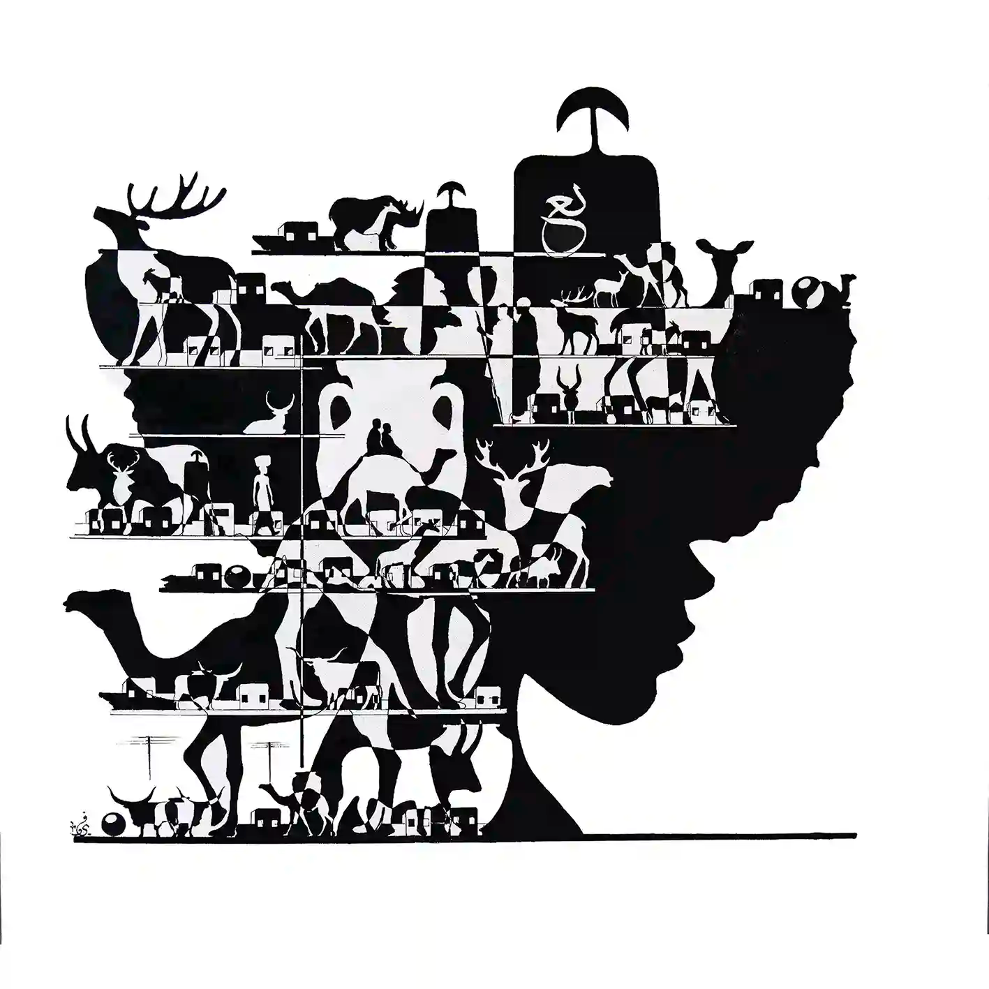 Enas by Gungalito - black and white silhouette of woman's profile filled with animals, figures, and village scenes