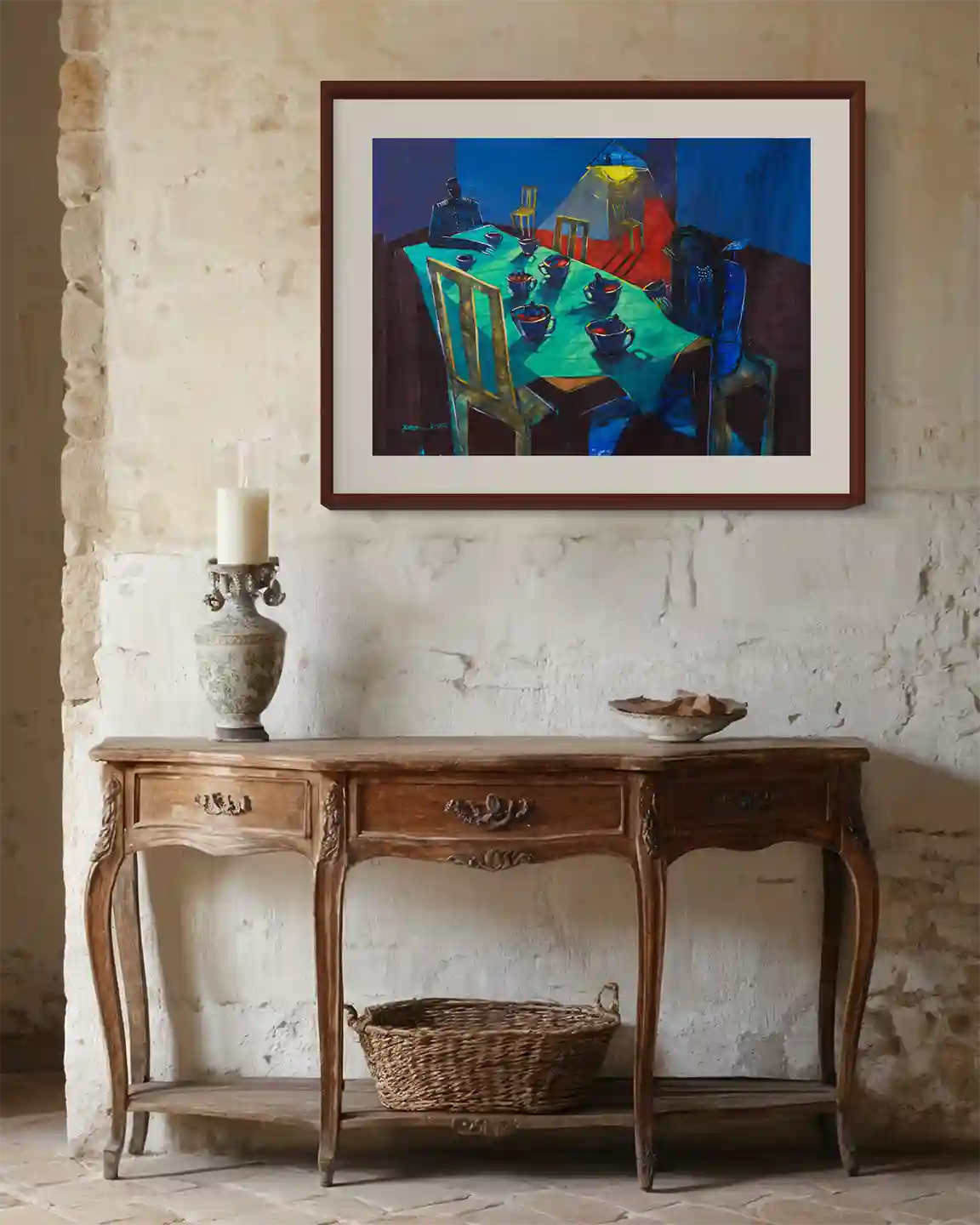 
To The Enemy Who Drinks Tea In Our Cottage art print by Yasmeen Abdullah displayed above antique console in rustic interior