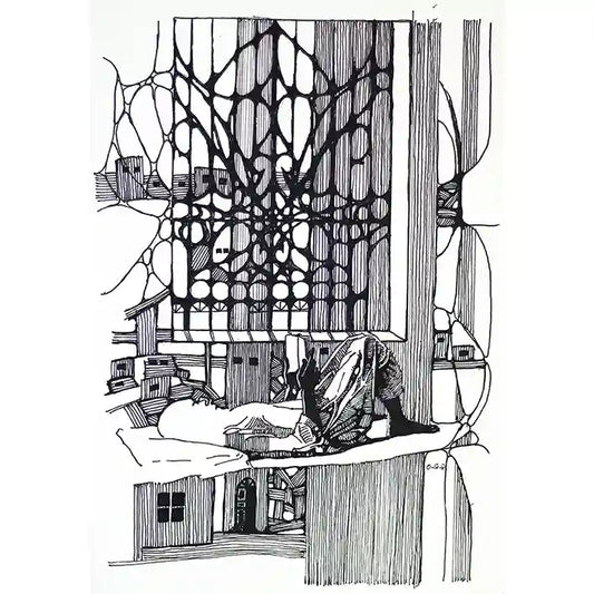 Feed Your Mind black and white ink drawing by Obada Gabir showing figure reading by window with houses on horizon