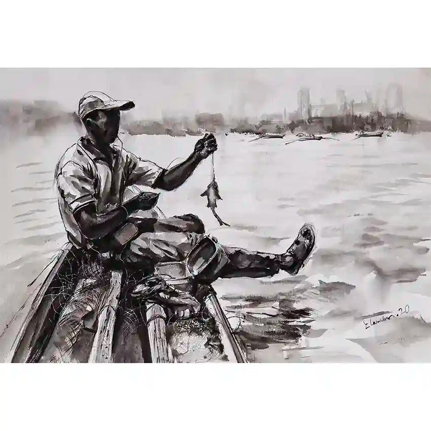Fisherman at the Nile ink wash print by Elamin Awad showing atmospheric river scene with traditional boat and urban backdrop.