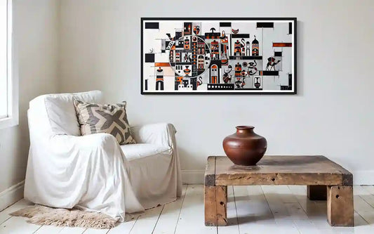 Living room with a white armchair, wooden coffee table, and abstract wall art.