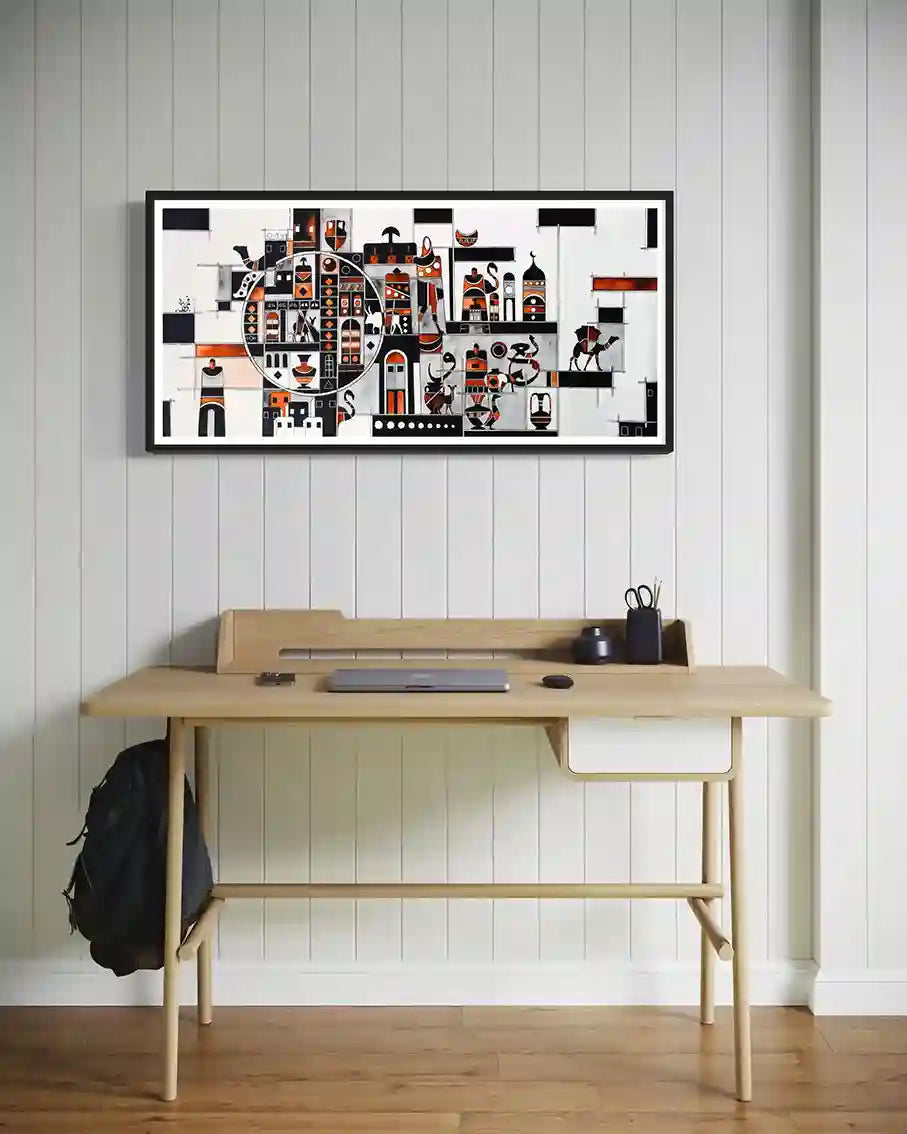 Modern office setup with desk & print 'Focal Depth' by artist Yousif Ibrahim in a room with wooden flooring and white walls.