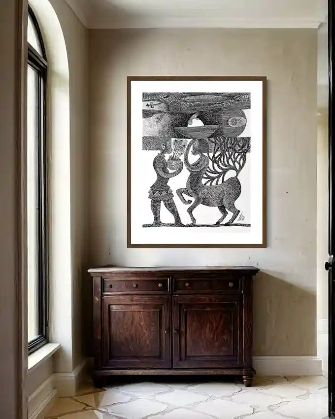 "The Forest Oracle" art print by Tariq Nasre displayed above wooden console table in elegant hallway with marble floors