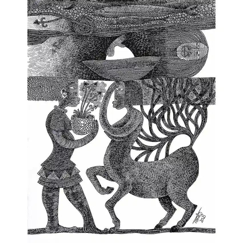 Art print "The Forest Oracle" by Tariq Nasre showing detailed pen and ink drawing of figure meeting mythical centauress being