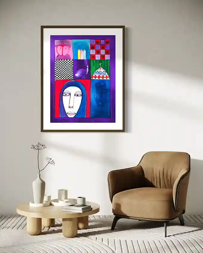 "Fragments of Identity 2" by Abushariaa Ahmed framed artwork in living room with leather chair and coffee table
