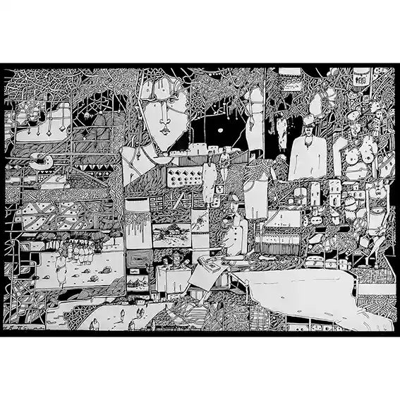 Black and white pen and ink drawing by Osman Gouma showing collaged human faces, figures and urban scenes in intricate detail