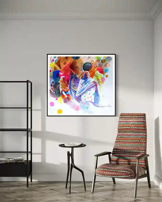 silence-distance on a wall above a chair and small table in a room.