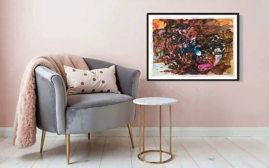 Gold Gourds painting by Samir Shareef in black frame above gray velvet chair with blush pink wall interior mockup