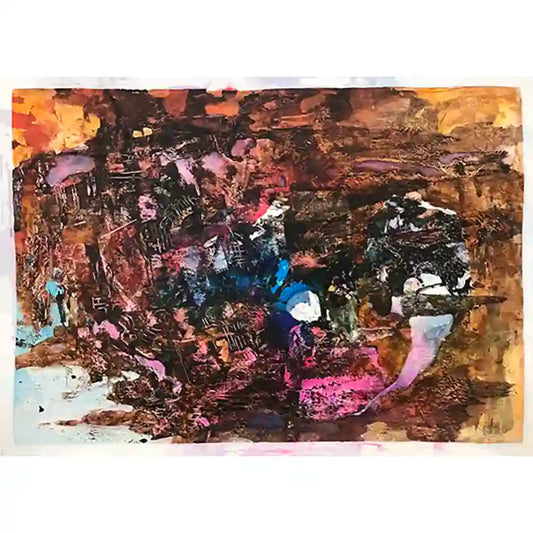 Gold Gourds abstract acrylic painting by Samir Shareef with warm golden tones and expressive brushwork on paper artwork