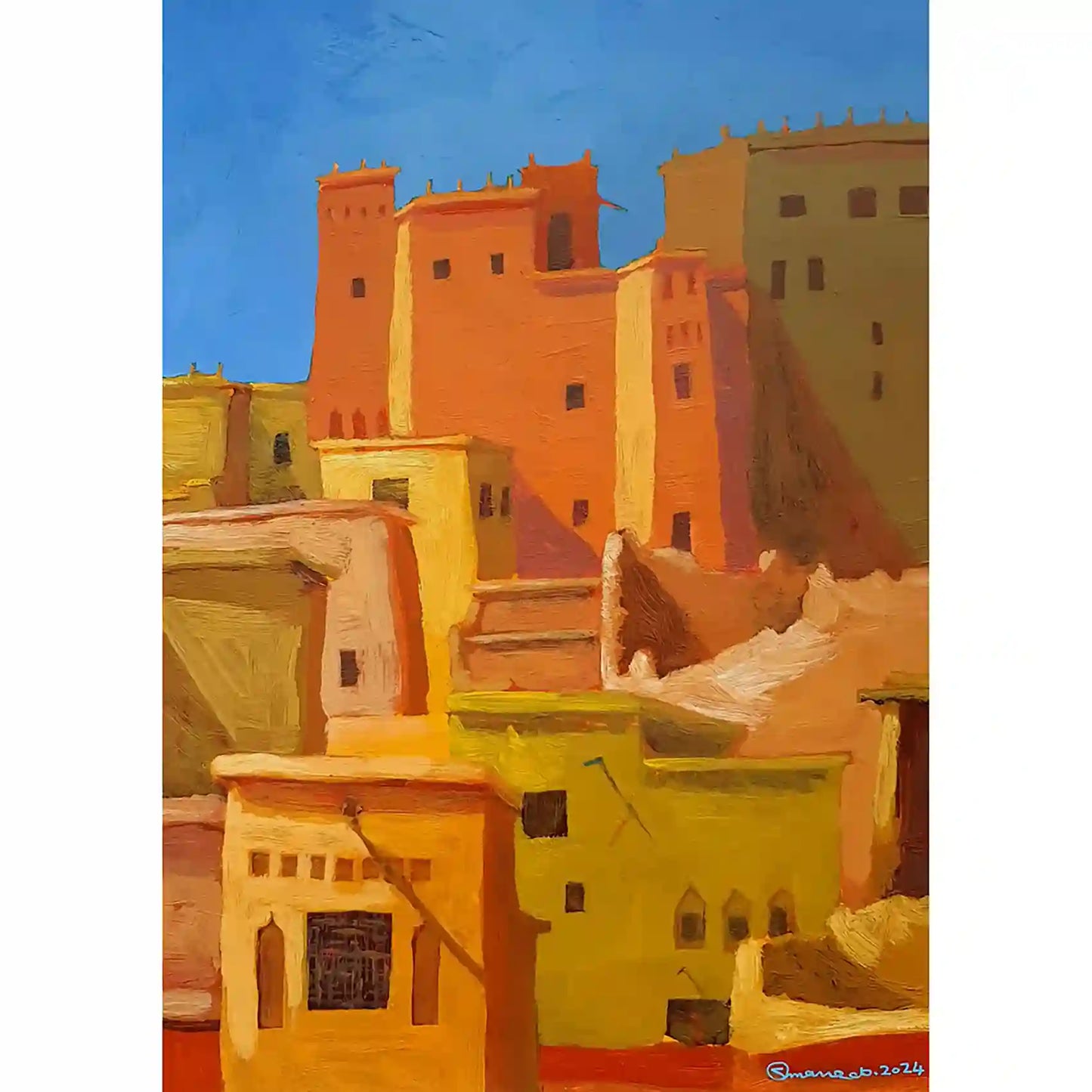 Golden Medina acrylic painting by Osman Adam showing traditional African architecture with warm desert colors