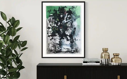 Green Truth painting by Samir Shareef in black frame above black console with plant and gold decor interior mockup