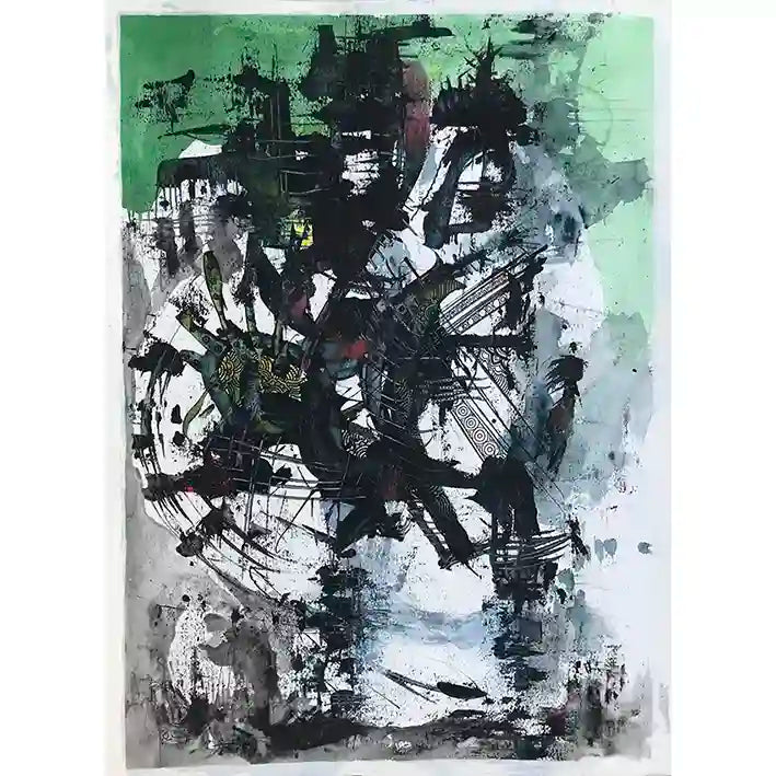 Green Truth abstract acrylic painting by Samir Shareef with vibrant greens and expressive brushwork on paper artwork