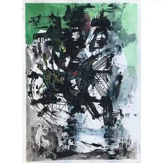 Green Truth abstract acrylic painting by Samir Shareef with vibrant greens and expressive brushwork on paper artwork