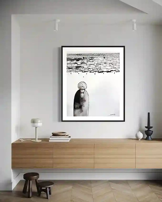 Grey Horizon art print by Abushariaa Ahmed displayed in minimalist modern interior with floating wood sideboard